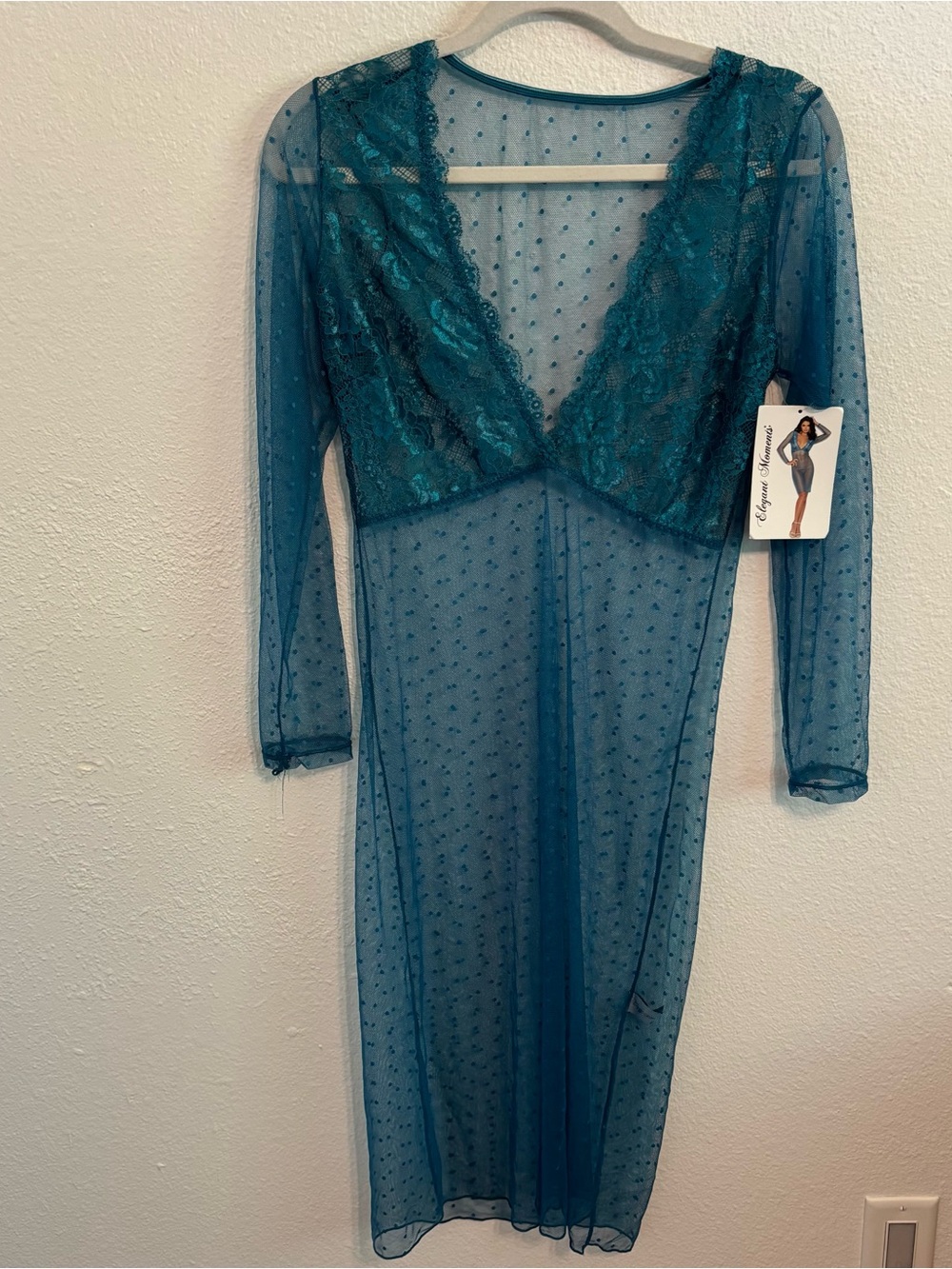 Elegant moments XL teal polkadot sheer long sleeve lace vneck midi dress sexy